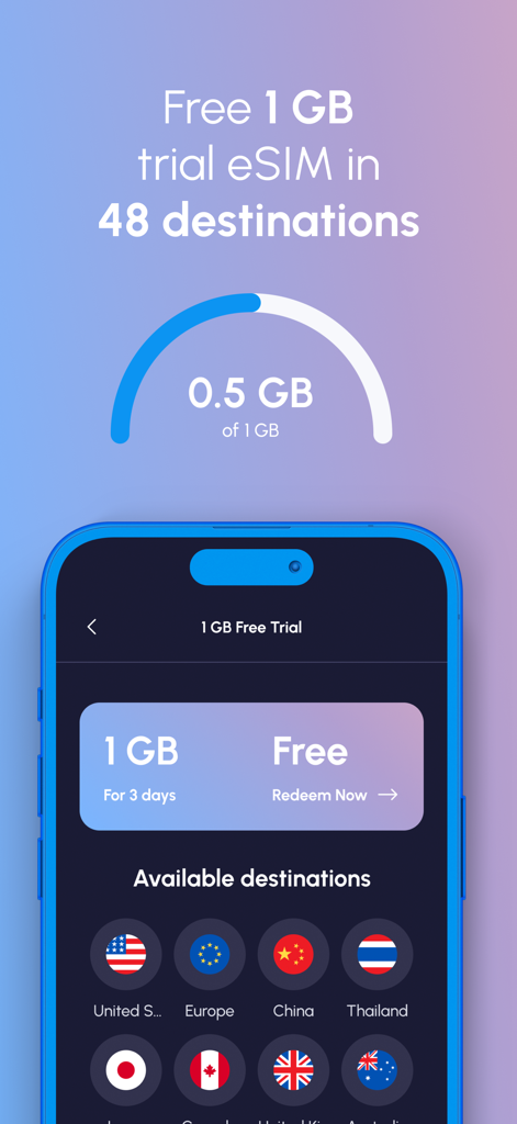 Nomad eSIM app interface showing a free 1 GB trial data plan offer for 48 international destinations