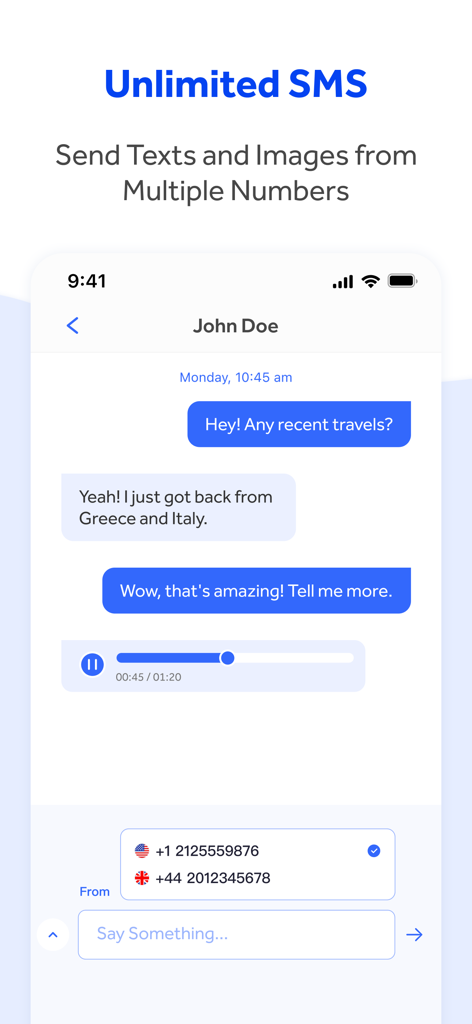 WePhone: 2nd Phone &WiFi Calls - WePhone app interface showing a chat conversation and multiple phone number options for international texting.