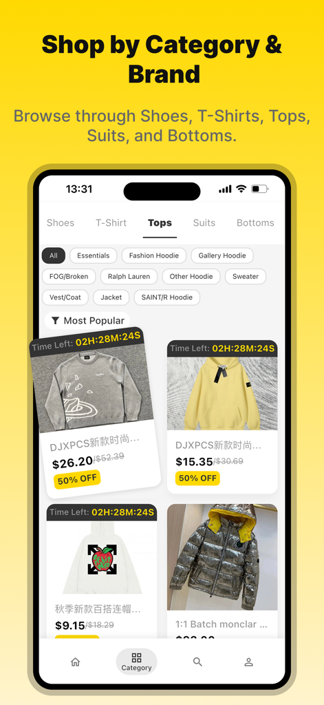 Litbuy Sheets mobile app screen showing streetwear categories and brand filters for tops and hoodies