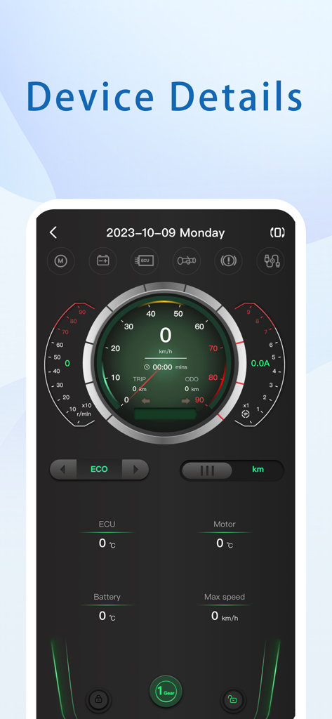 Vicont mobile app screen showing a digital dashboard with real time electric vehicle performance data