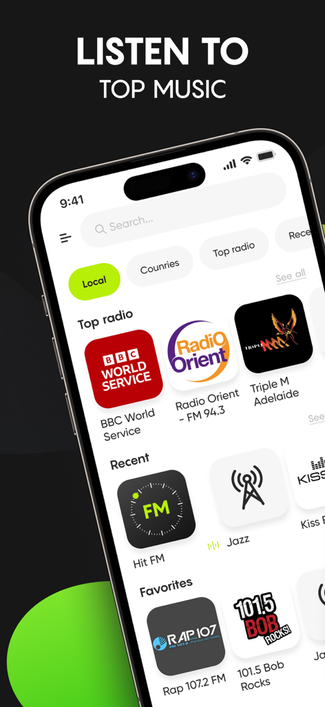 AM FM Radio USA Tuner Live App - AM FM Radio USA Tuner app home screen displaying top and local radio stations