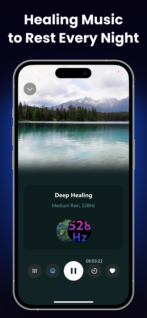 Sleep Dose: White Noise Remedy - Sleep Dose app interface showing a deep healing music player with 528Hz frequency and a peaceful lake background