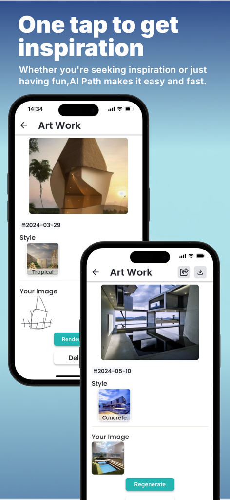 AI Path App-Oberfläche, die Architektur-Renderings anzeigt, die aus handgezeichneten Skizzen generiert wurden.