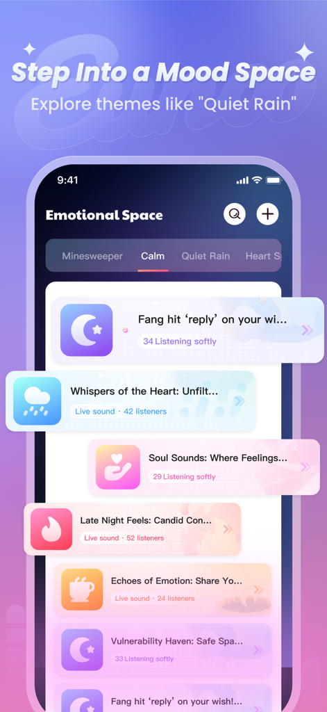 Eunoo - Eunoo mobile app interface showing a list of calming emotional mood spaces and live sound rooms.
