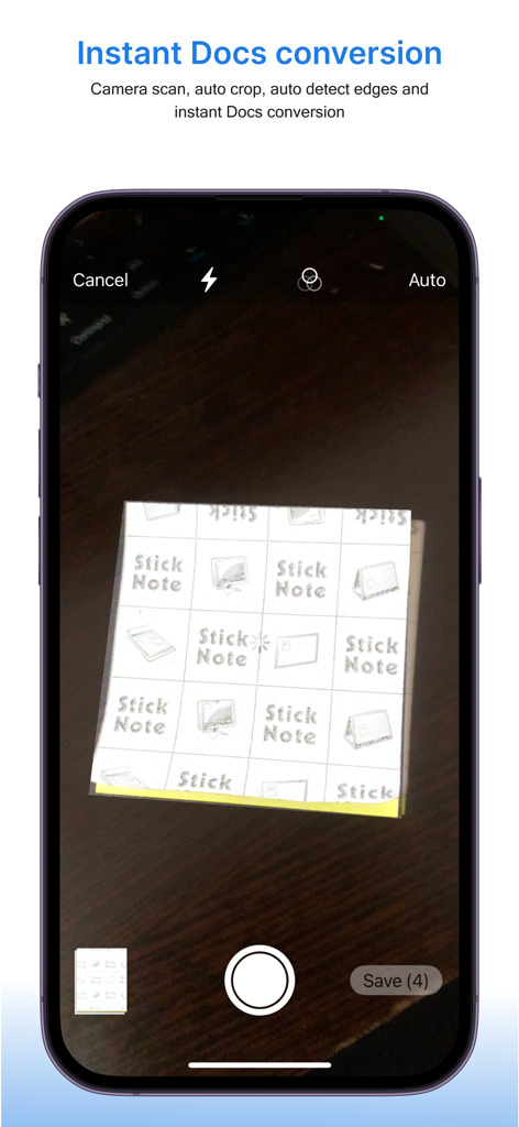 Document Scanner: PDF & OCR - iPhone画面にDocument Scannerアプリのインターフェイスが表示され、カメラを使用して物理ドキュメントを自動検出・スキャンし、即座に変換します。