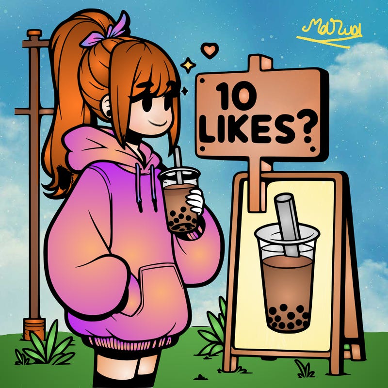 girl with oversized hoodie drinking boba and she has a high ponytail with a sign that says 10likes?