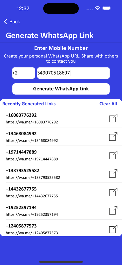 DualChat app screen showing the WhatsApp link generator interface with a list of recently created links.