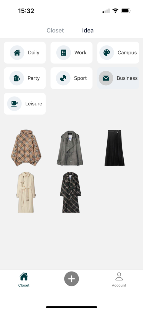 My AI Closet - My AI Closet app interface showing clothing items organized by lifestyle scenarios like work party and sport