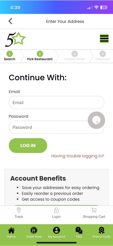 Página de inicio de sesión de la app de entrega a domicilio Five Star que muestra campos de correo electrónico y contraseña con una lista de beneficios de la cuenta.