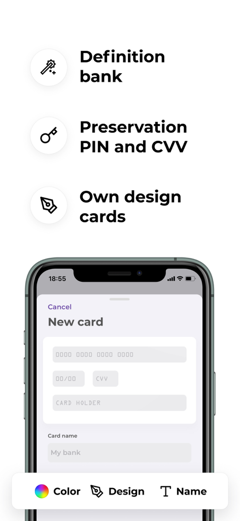 A smartphone screen displaying the new card setup in PIN Wallet with options for PIN and CVV preservation