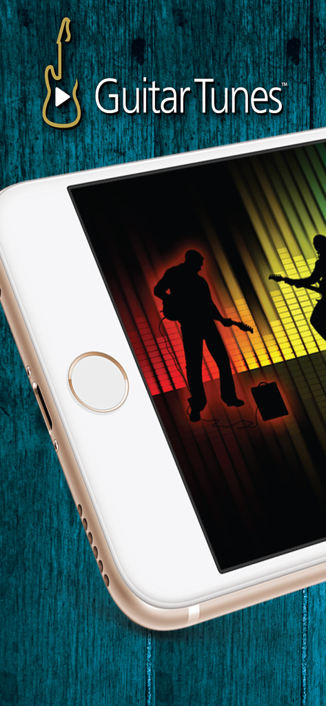 Guitar Tunes™ - Logo de l'application Guitar Tunes sur un fond de bois bleu présentant un smartphone avec des silhouettes de musiciens de rock