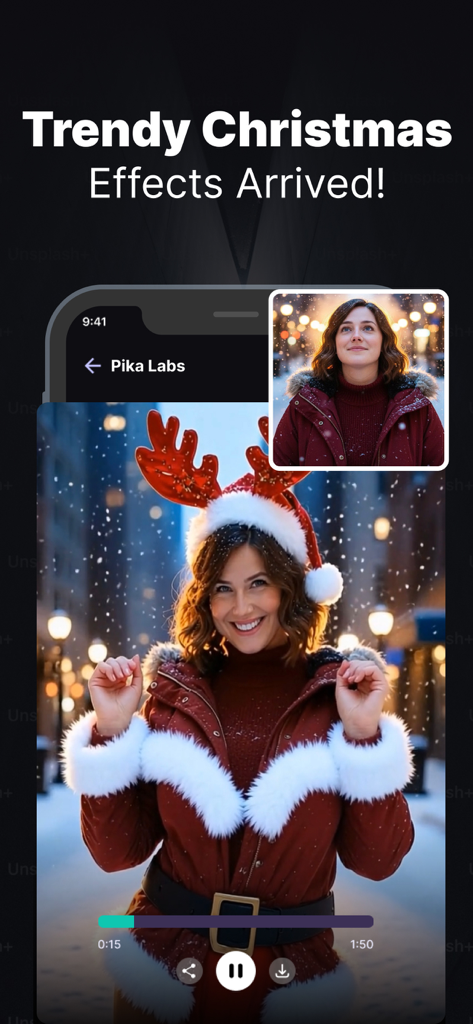 A screenshot of the Pika Labs app displaying a trendy Christmas AI video effect transformation.