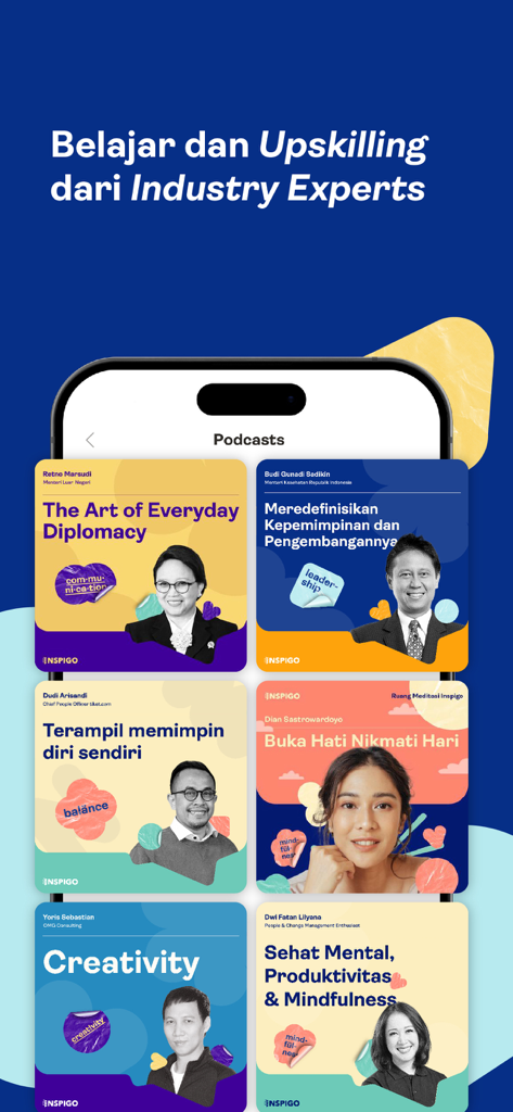 Inspigo Learning Experience - A selection of professional development and mindfulness podcasts from industry experts on the Inspigo app interface.