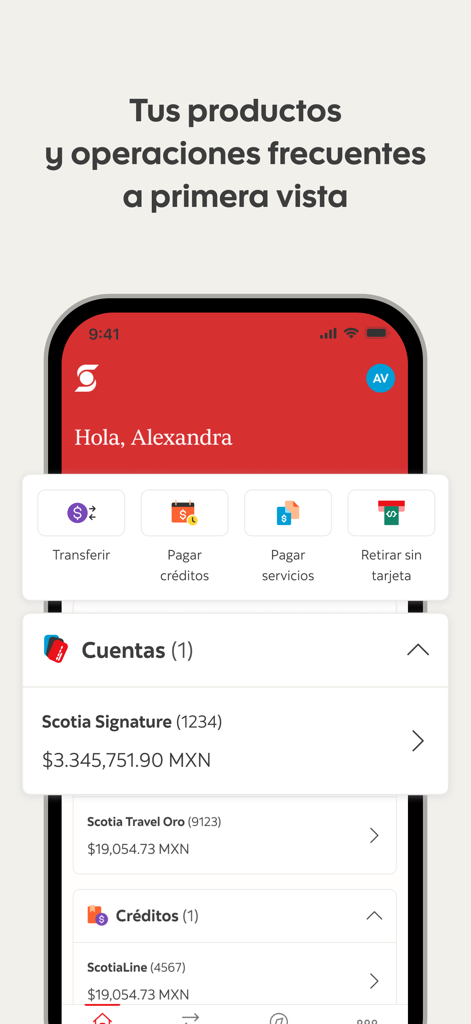 ScotiaMóvil MX - A mobile interface of ScotiaMóvil MX showing account summary and frequent banking operations like transfers and bill payments