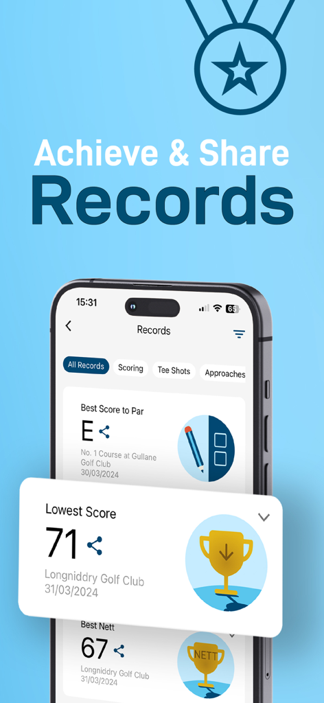 Shot Scope - Shot Scope mobile app displaying golf achievement records and personal best scores