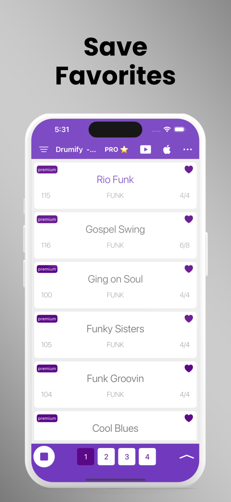 Drumify - Drum Loop Station - Captura de tela do aplicativo Drumify mostrando a tela Salvar Favoritos com uma lista de loops de bateria funk e blues.