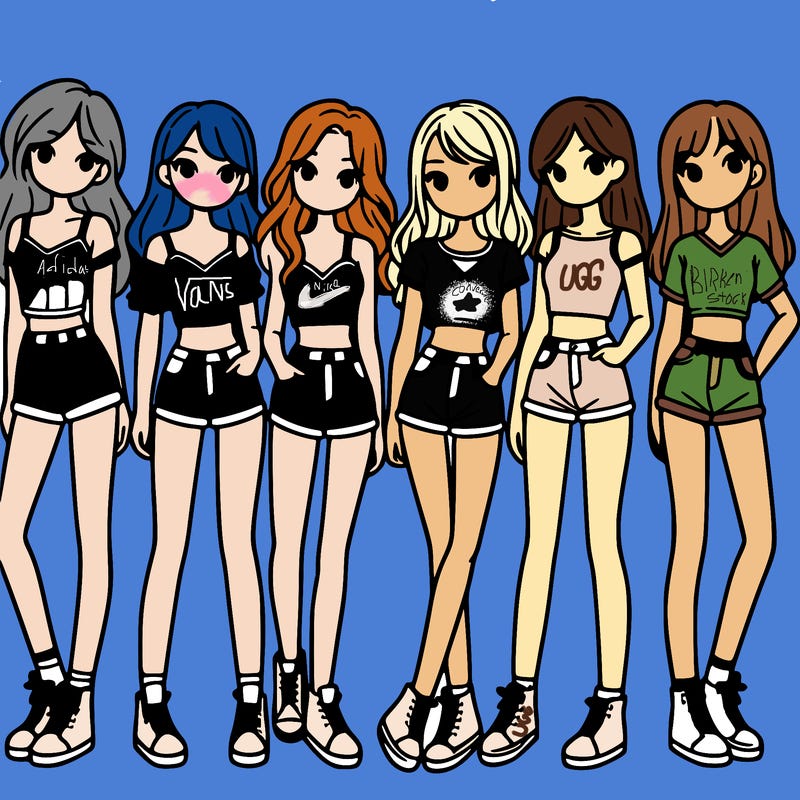 a group of girls wearing crop tops and shorts