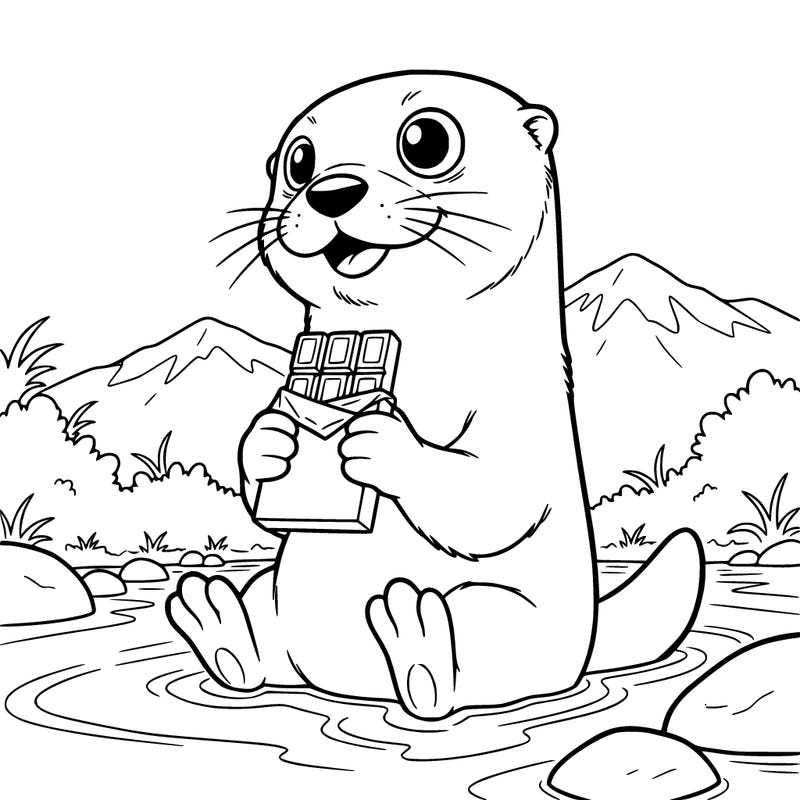 otter with a chocolate bar in his hands and his eyes facing the opposite direction and  is sitting in the river