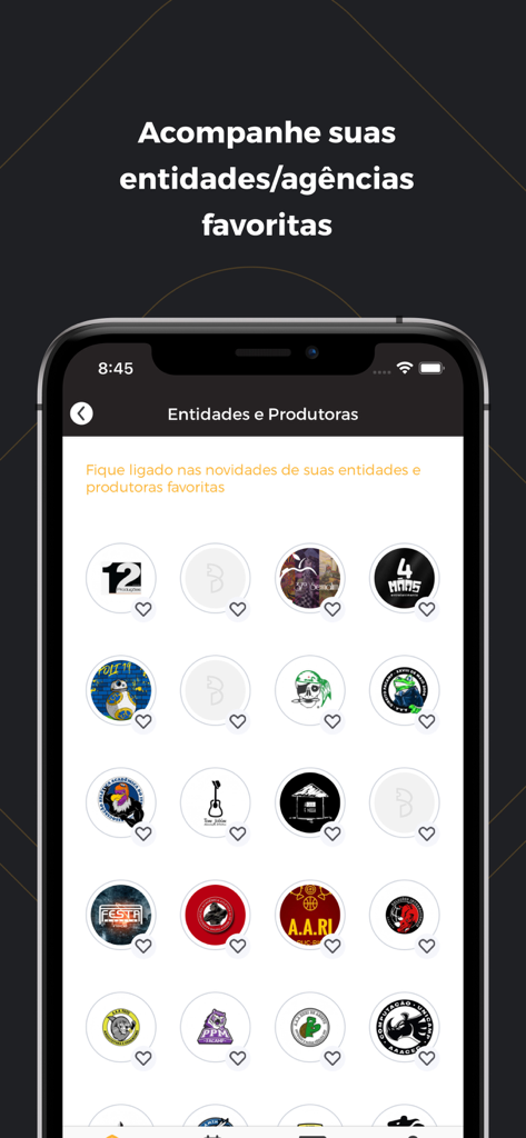 Blacktag - A mobile app screen showing a list of event producers and agencies with their logos to follow.