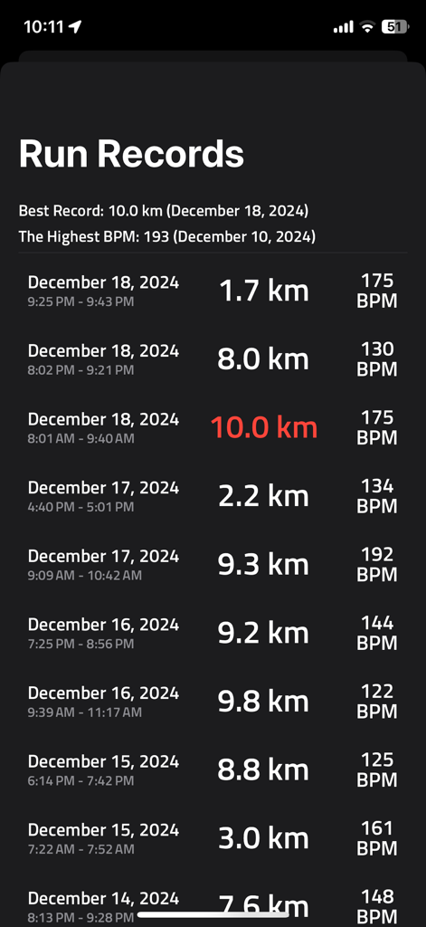BeatRun Pro workout history log displaying distance and BPM metrics for past runs