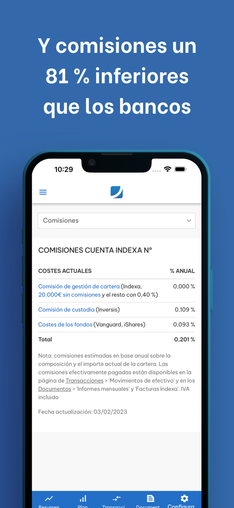 Indexa Capital - Interfaccia dell'app Indexa Capital che mostra i bassi costi di commissione annuali per i portafogli di investimento