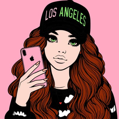 realistic beautiful girl wearing los ángeles cap holding an iphone