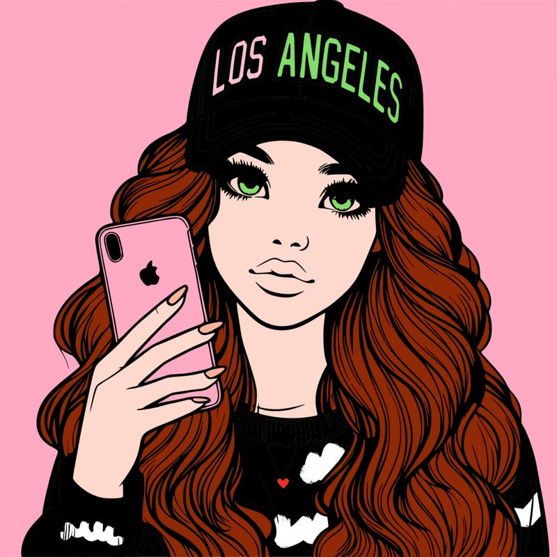 realistic beautiful girl wearing los ángeles cap holding an iphone