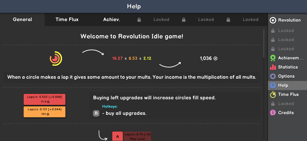 Revolution Idle - A screenshot of the Revolution Idle help menu explaining how circle revolutions generate multipliers and income.