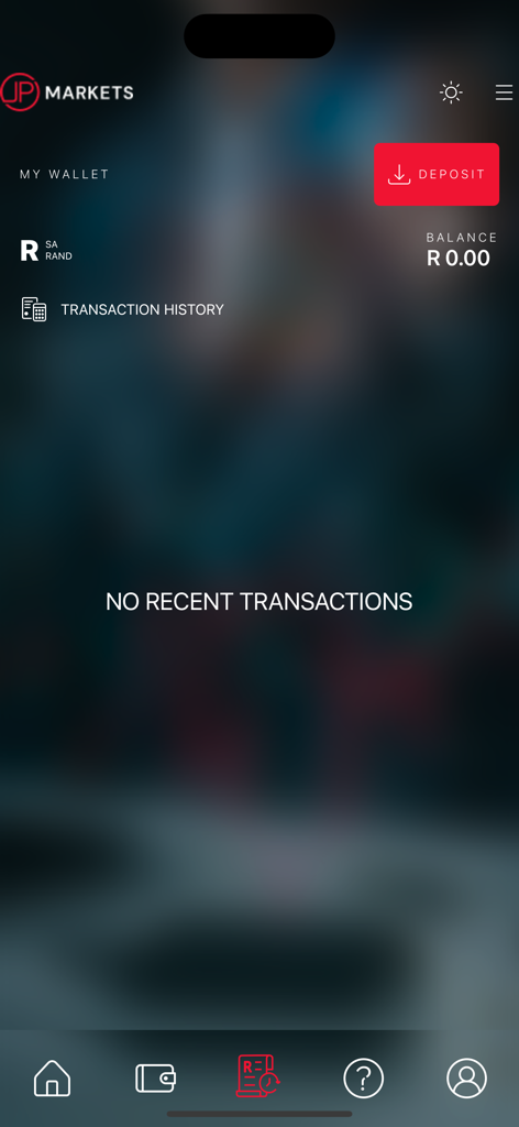 JP Markets 앱 지갑 인터페이스에 남아프리카 랜드 잔액이 없고 입금 옵션이 표시됩니다.