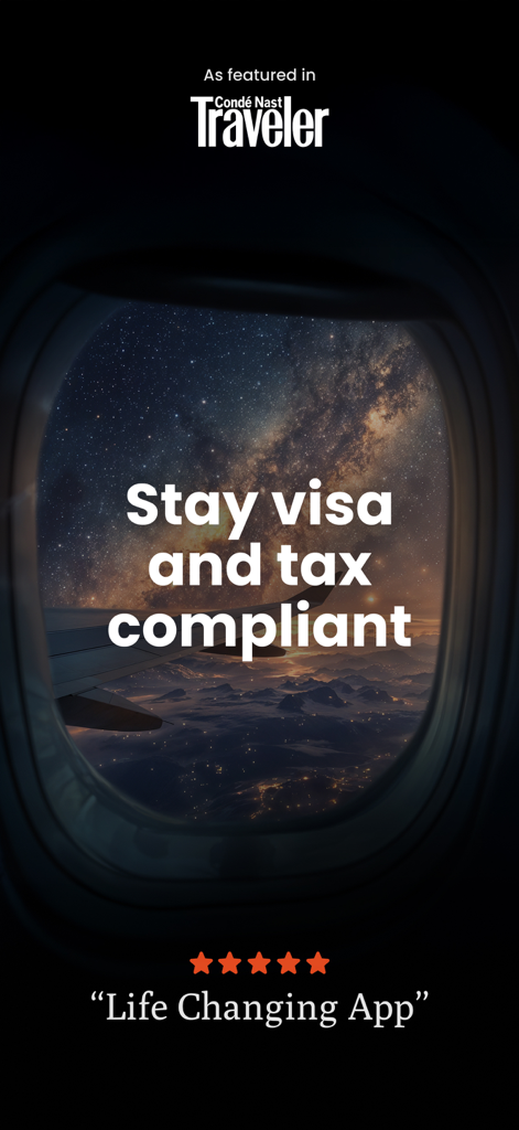 Country Days Tracker: Staydays - Promotional screen for Staydays app showing an airplane window view with text about visa and tax compliance