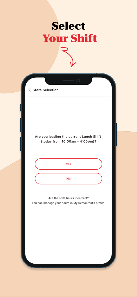 KFC Connect - KFC Connect app screen showing a prompt for restaurant managers to select and confirm their current shift