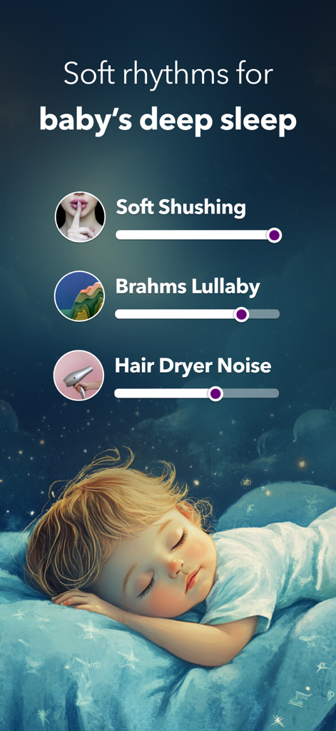 Interfaz de aplicación móvil que muestra opciones de sonido como arrullos y canciones de cuna para el sueño del bebé con una ilustración de un bebé durmiendo