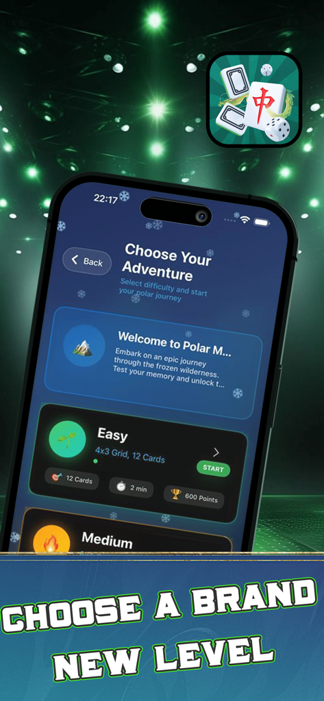 Bildschirm zur Auswahl des Schwierigkeitsgrads für PolarMahjongExped, der einfache und mittlere Levels des Gedächtnisspiels zeigt