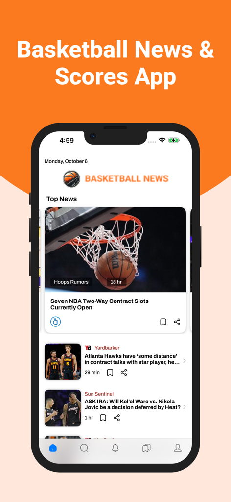 Basketball News & Scores - 농구 뉴스 및 점수 앱의 스크린샷으로 NBA 기사와 선수 업데이트가 포함된 상단 뉴스 피드를 보여줍니다.