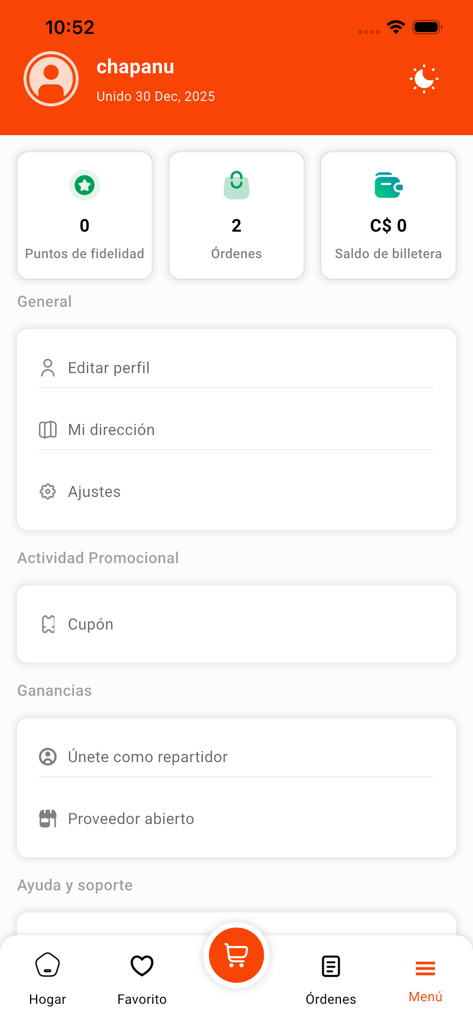 Pide Fácil - Pide Facil app user profile dashboard showing loyalty points, order history, and wallet balance