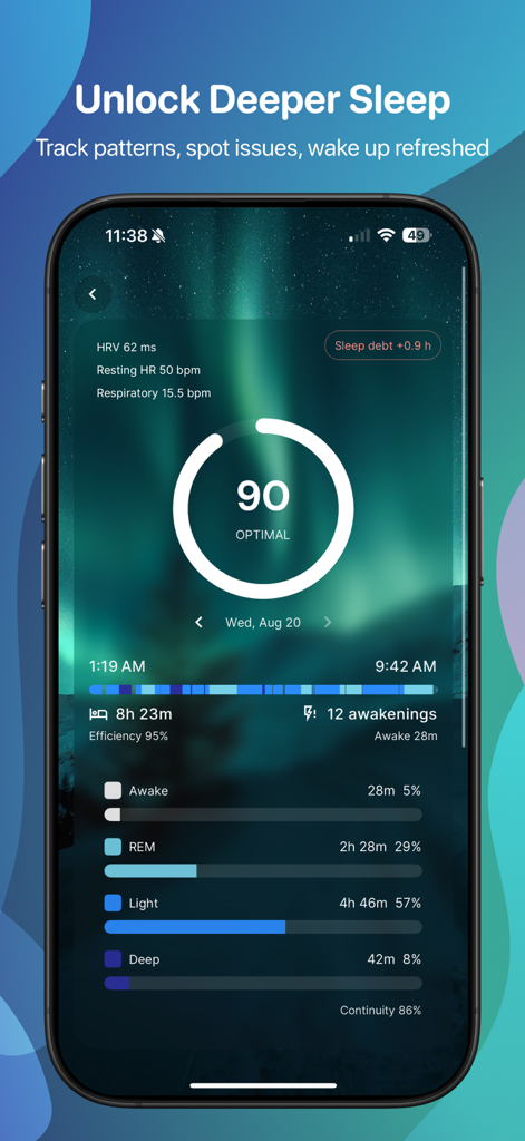 NutriCam app interface showing sleep quality score and stage analysis for health optimization