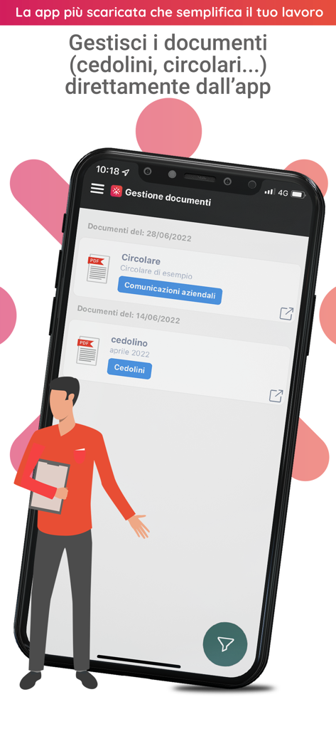 Smartphone screen showing document management for pay slips and circulars within a workforce app