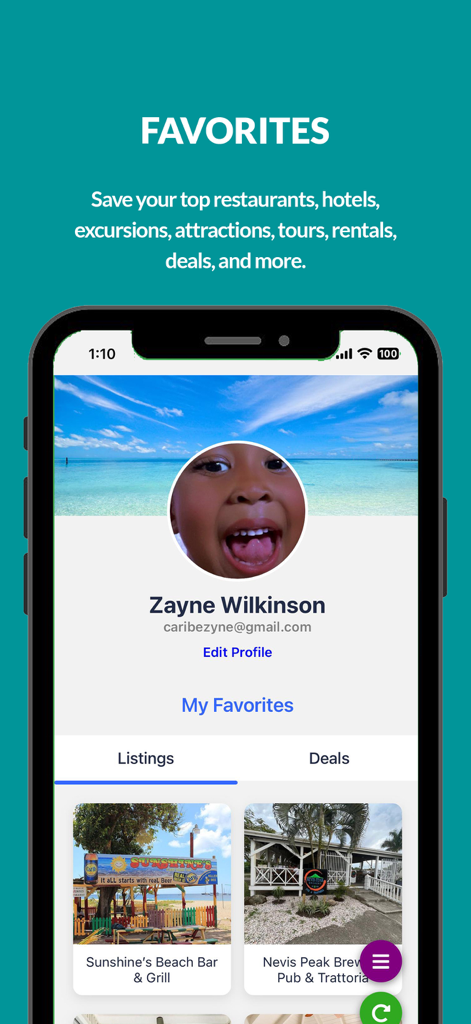 CaribeZyne app screen showing a user's favorite listings for restaurants and bars in St. Kitts and Nevis.