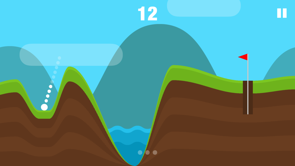 Un paisaje 2D de Infinite Golf mostrando el camino de la trayectoria de una bola blanca sobre colinas y agua hacia una bandera roja.