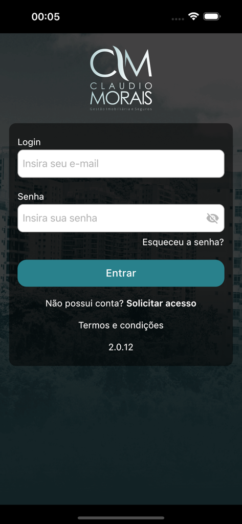Claudio Morais Administração - Login screen of the Claudio Morais property management mobile application