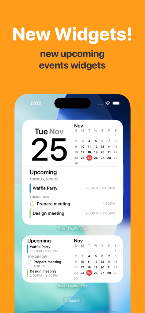 I Need That Widget - iPhone home screen displaying minimalist calendar and upcoming events widgets.