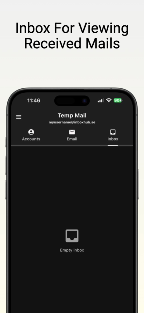 Captura de tela do aplicativo Temp Mail mostrando uma caixa de entrada vazia para e-mails descartáveis recebidos em um iPhone.
