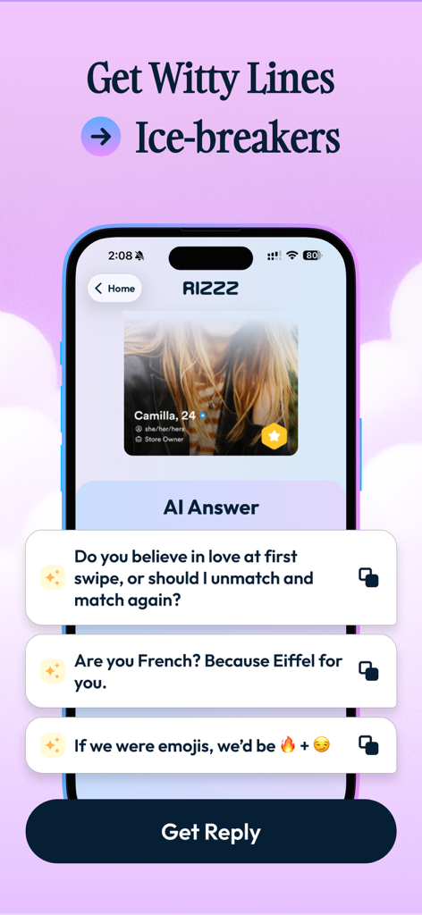Rizz - #1 AI Dating Assistant - Schermata dell'app Rizz che mostra rompighiaccio arguti generati dall'IA e suggerimenti di risposte civettuole per un match di appuntamenti