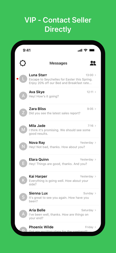 Silcoo for VIP Buyers - The direct messaging screen of the Silcoo app showing a list of conversations between a VIP buyer and several creators.