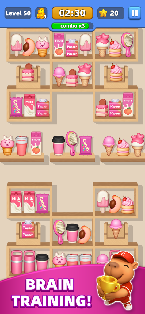 Capy’s Market - Um puzzle de organização de mercadorias em Capy's Market apresentando itens com tema rosa e um mascote capivara fofo segurando um troféu.