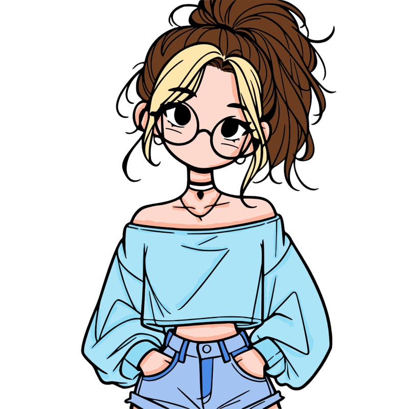 girl with a messy ponytail glasses a baggy crop top and jean shorts
