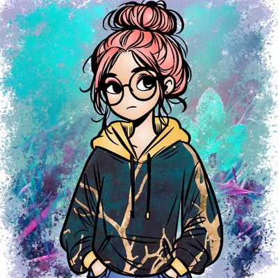 teen girl with a messy bun and glasses wearing a loose hoodie and jeans
