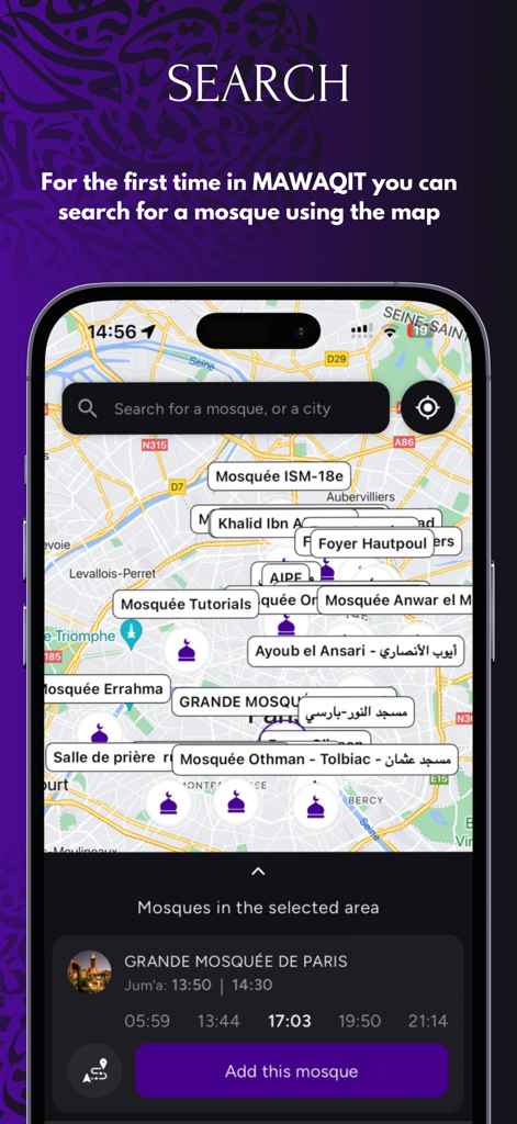 MAWAQIT app interface showing a map with mosque locations and prayer times for nearby masjids.