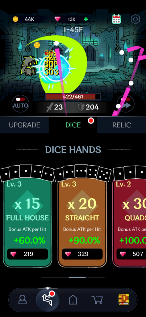 Dark Tap Dice - Captura de pantalla del juego Dark Tap Dice mostrando efectos de combate y el menú de mejora de manos de dados con combinaciones de póker como Full House y Escalera.