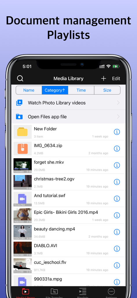 Fast Player app interface showing a media library with various video file formats and document management options